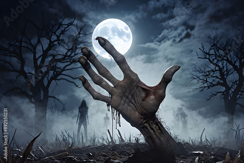 Moonlit Terror: Decaying Zombie Hand Breaking Through the Fog photo