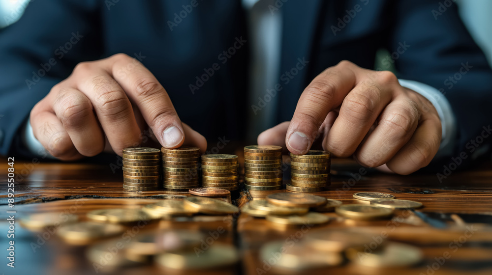 Man in a suit stacking gold coins on a wooden table, symbolizing wealth, investment, and financial management. Man in a suit stacking gold coins on a wooden table, symbolizing wealth, investment, and financial management.