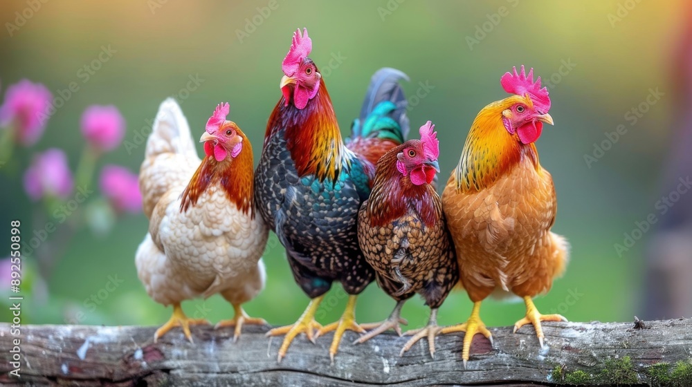 Fototapeta premium Chickens roosting, farm coop,