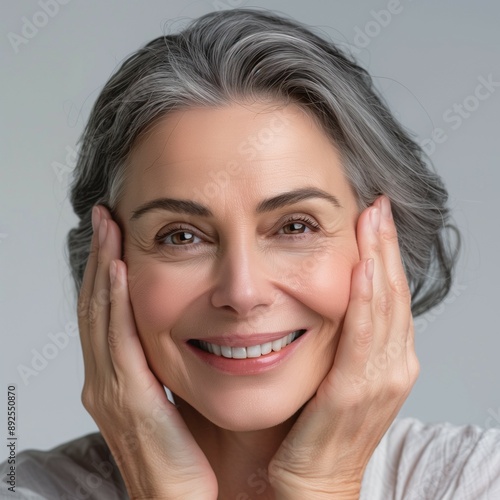 Smiling Mature Woman with Gray Hair Touching Face on Light Background for Beauty and Wellness