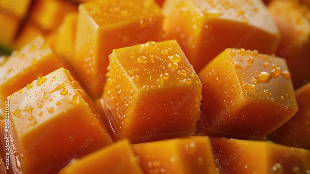 A close-up of a ripe mango cut into cubes, revealing its juicy flesh. A close-up of a ripe mango cut into cubes, revealing its juicy flesh.