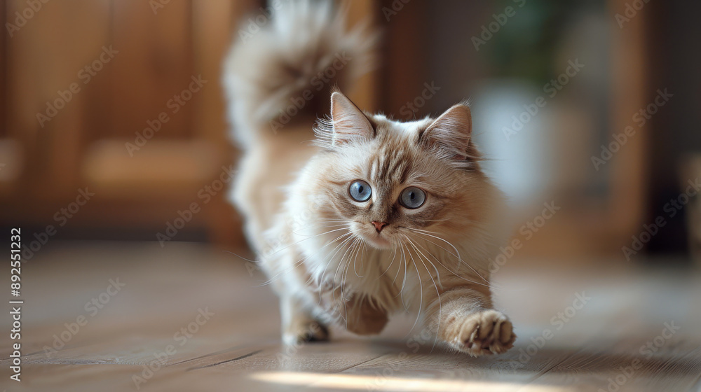 Fluffy Cat Slipping on a Polished Wooden Floor with Wide Eyes. Fluffy Cat Slipping on a Polished Wooden Floor with Wide Eyes.