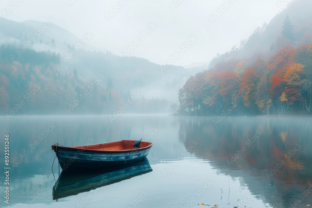 Fototapeta premium Boat on the water, foggy morning.