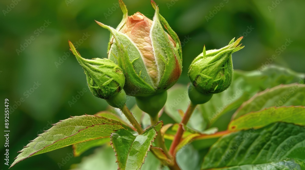 A close-up of a rosebud just starting to open, with fresh green leaves. A close-up of a rosebud just starting to open, with fresh green leaves.
