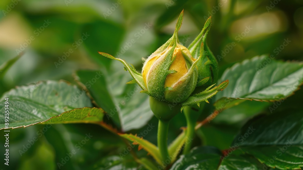 A close-up of a rosebud just starting to open, with fresh green leaves. A close-up of a rosebud just starting to open, with fresh green leaves.
