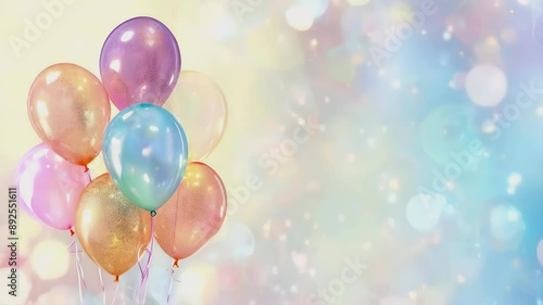 Metallic pastel color balloons with bokeh lights on a background. Celebration birthday party concept.