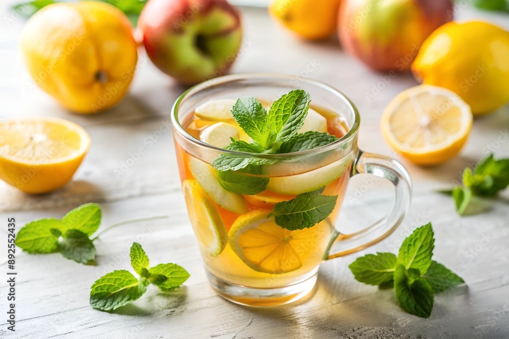 Iced lemon mint tea in a clear cup. Live path image with white background. Cool drink with apple mint on top. Iced lemon mint tea in a clear cup. Live path image with white background. Cool drink with apple mint on top.