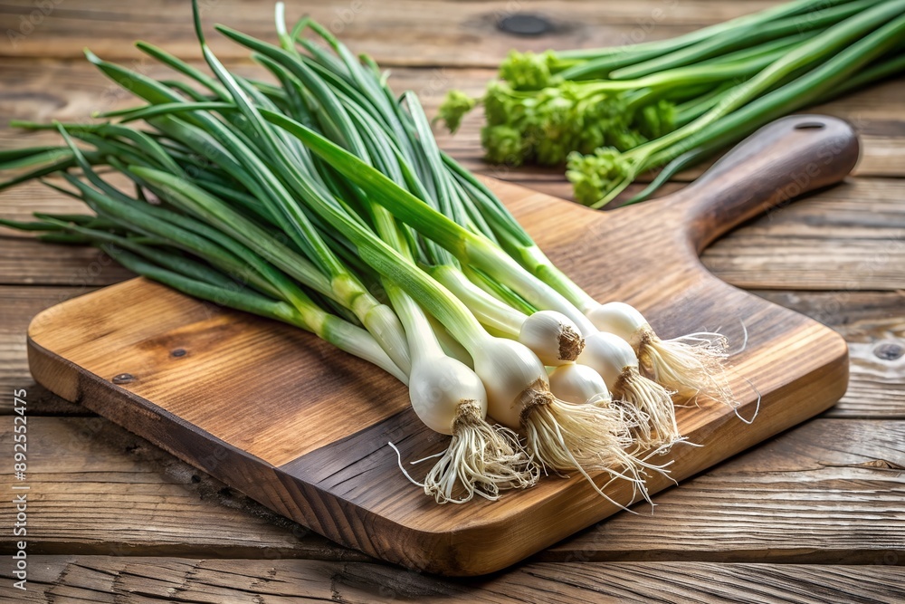 Bunch of spring onions on a wood cutting board Bunch of spring onions on a wood cutting board