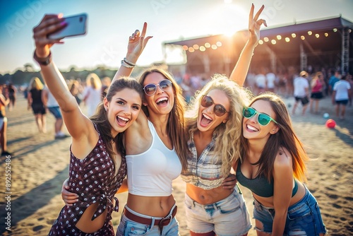 Group of happy young women friends take selfie at sunny beach music fest. Girls in trendy summer outfits enjoy live concert, party atmosphere. Youth culture, friendship, outdoor entertainment moment.