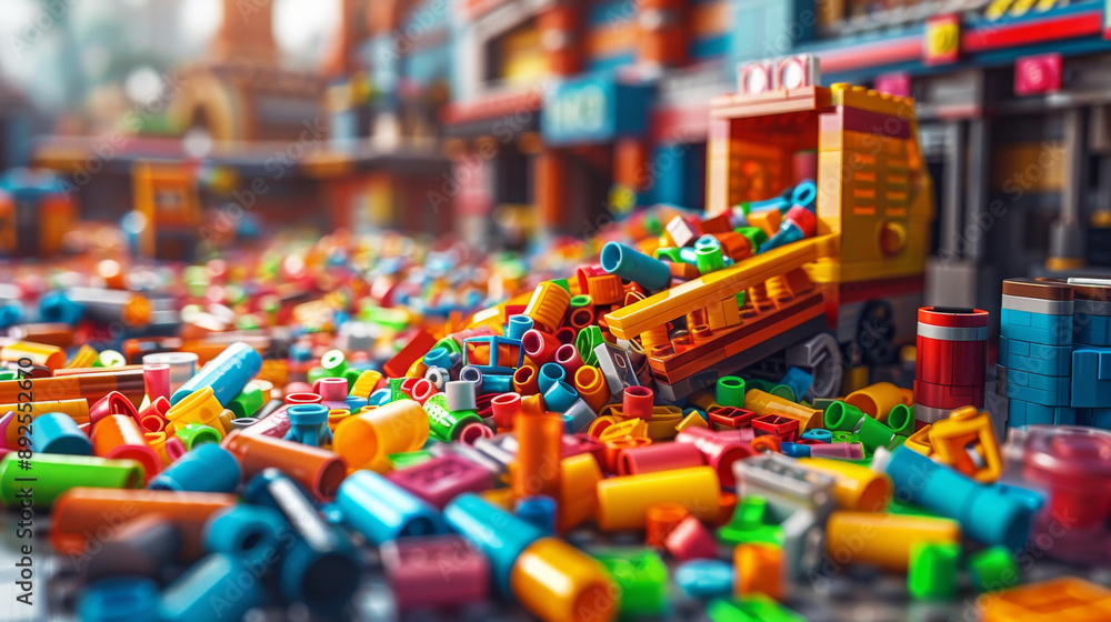 Obraz premium Busy City Recycling Center with Workers Sorting Colorful Materials
