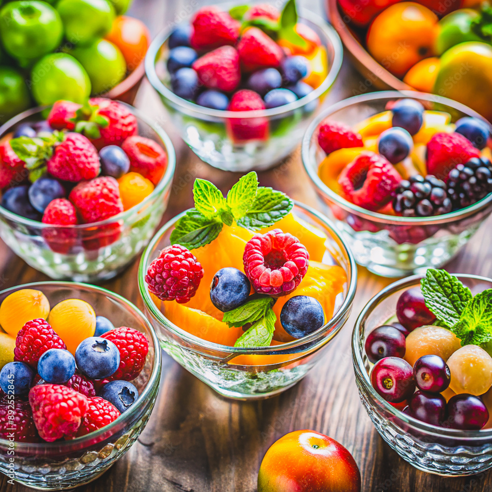 Colorful Fruit Salad in Glass Bowls. Colorful Fruit Salad in Glass Bowls.
