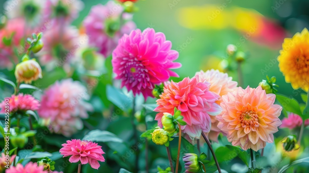 A garden filled with blooming dahlias, creating a colorful display. A garden filled with blooming dahlias, creating a colorful display.