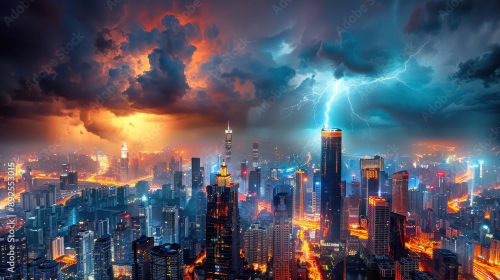 Fototapeta premium Thunderstorm over city skyline, dark clouds and rain,