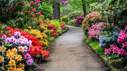 A garden path lined with blooming azaleas in various colors.