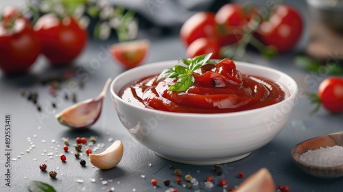 Bowl of tomato ketchup with garlic cloves and fresh tomatoes