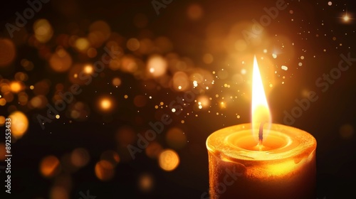 Burning Candle with Golden Bokeh.