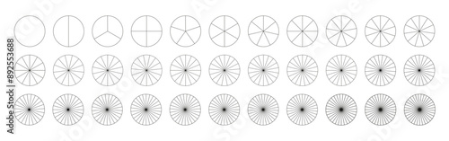 Pie, pizza chart template. Segmented charts from 1 to 33 segments. Many number of sectors divide the circle on equal parts. Outline black graphics. Segments round infographic. Diagram wheel parts.