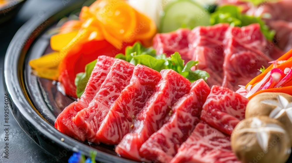 Close-up of a Shabu plate with marbled beef and colorful veggies Close-up of a Shabu plate with marbled beef and colorful veggies
