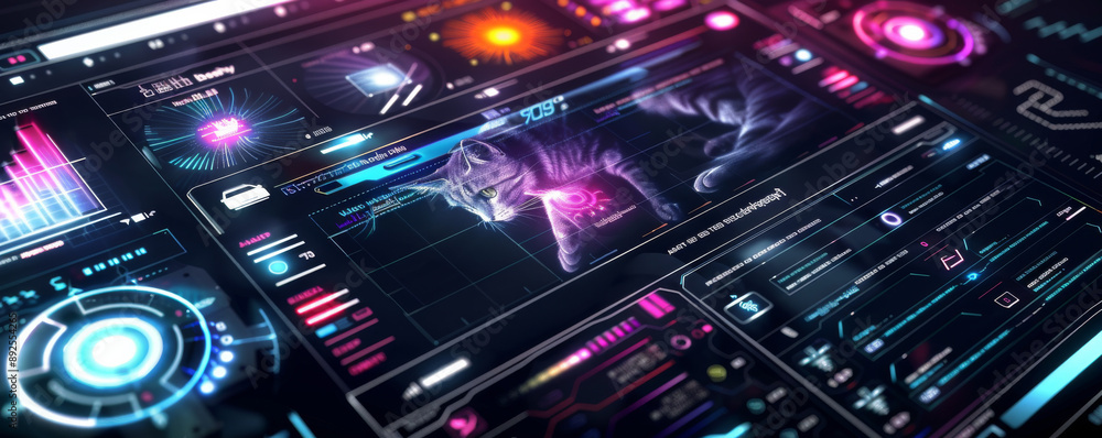 Obraz premium Futuristic Cat Interacting with a Neon-Glow Digital Interface.