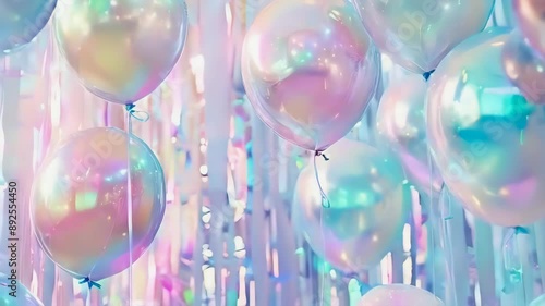 Festive metallic balloons with reflective surfaces and colorful ribbons on a pastel background. Celebration birthday party concept