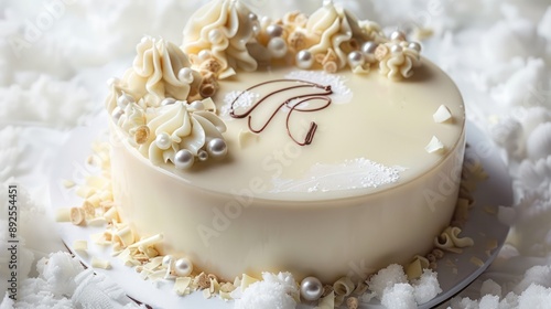 sophisticated white truffle cake with edible pearls and white chocolate curls on a soft white background, luxurious for elegant events