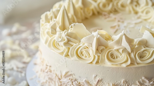 sophisticated white truffle cake with white chocolate curls on a soft ivory background, luxurious for elegant text