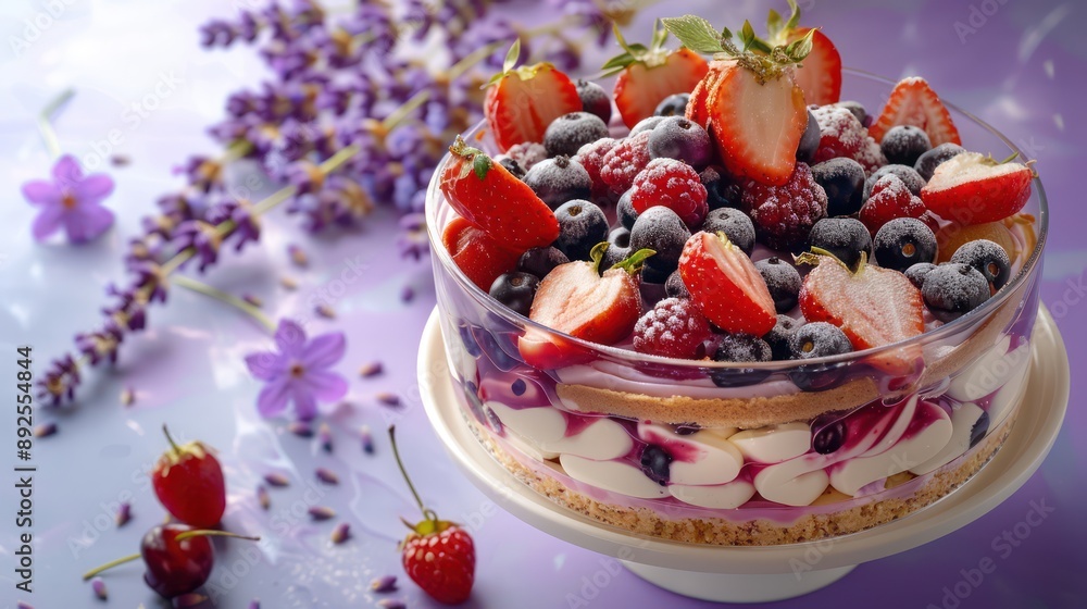 summer berry trifle cake on a soft lavender background, light and airy for refreshing text summer berry trifle cake on a soft lavender background, light and airy for refreshing text