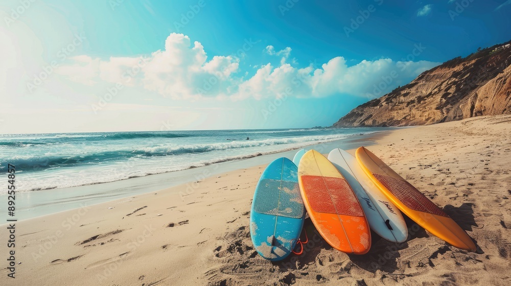 Idyllic sea beach with colorful surfboards propped in the sand Idyllic sea beach with colorful surfboards propped in the sand