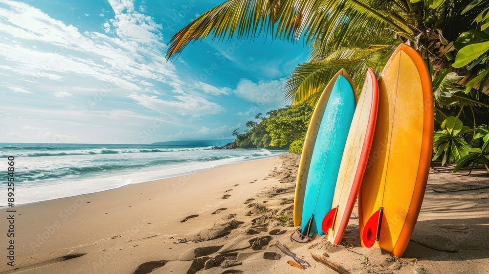 Idyllic sea beach with colorful surfboards propped in the sand Idyllic sea beach with colorful surfboards propped in the sand