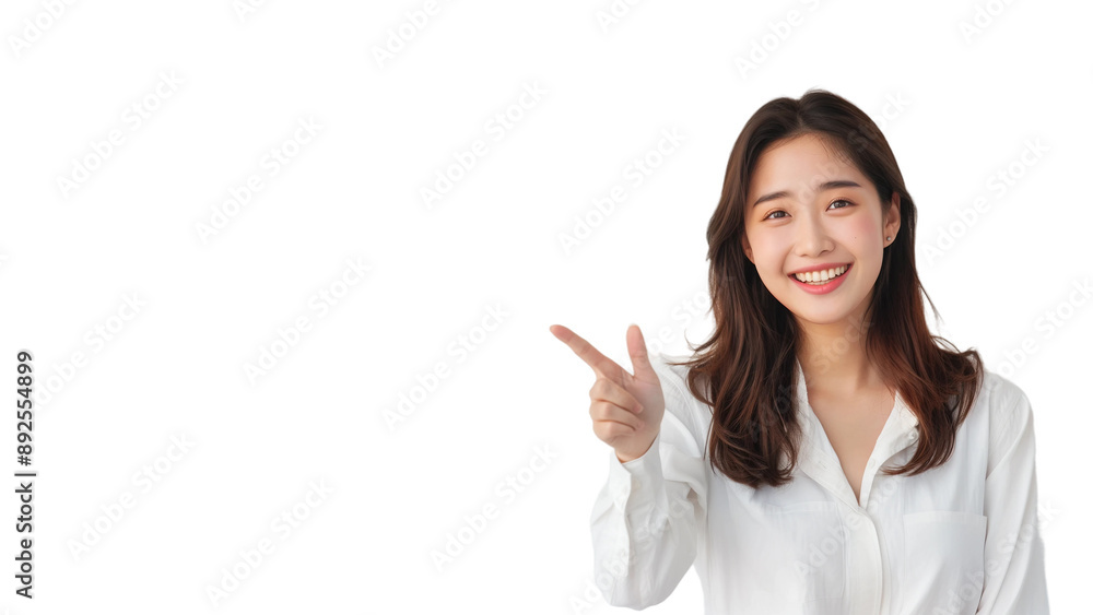 Woman smiling and pointing at copy space on side,isolated on white background,web banner. Woman smiling and pointing at copy space on side,isolated on white background,web banner.