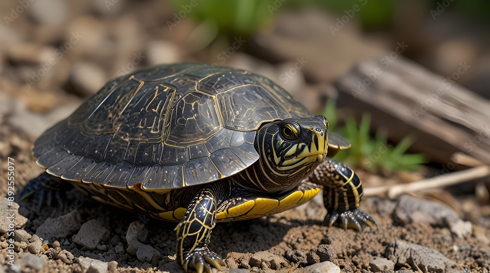 A closeup of a northern map turtle with a colorful shell and bright yellow eyes and crawling on a stony surface. generative.ai A closeup of a northern map turtle with a colorful shell and bright yellow eyes and crawling on a stony surface. generative.ai