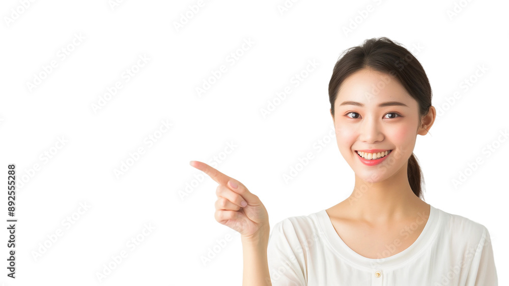 Woman smiling and pointing at copy space on side,isolated on white background,web banner.