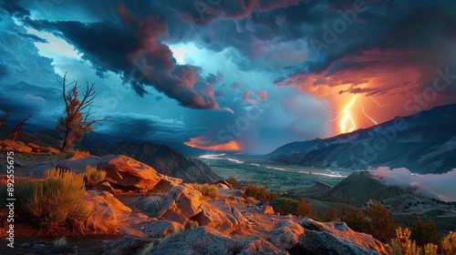 Stormy mountain landscape, dark clouds and lightning,
