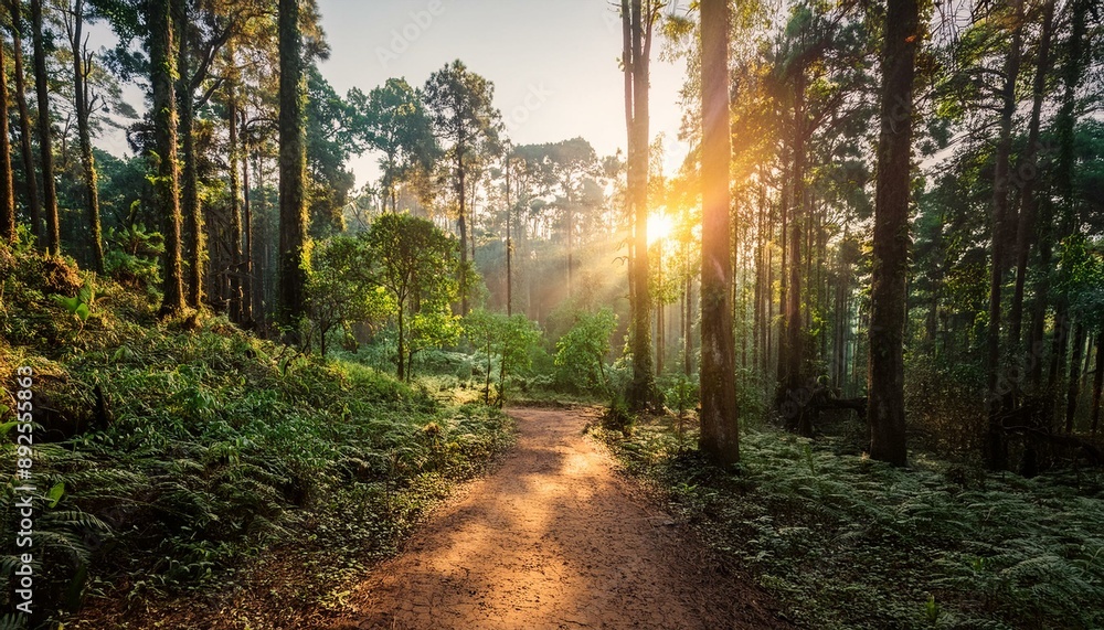 Morning Glow: Walking Through the Rainforest's Illuminated Path Morning Glow: Walking Through the Rainforest's Illuminated Path