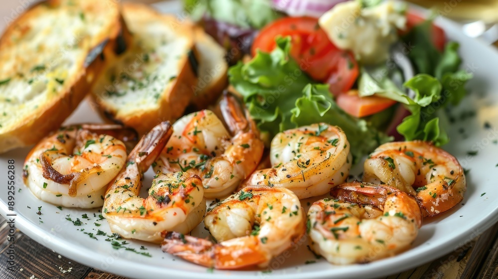 Plate of big grilled shrimp with garlic bread and a side salad - Plate of big grilled shrimp with garlic bread and a side salad -