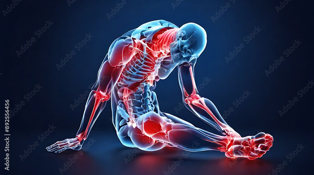 A Blue 3d medical x-ray anatomy of the knee pain. Leg joint and bone ...