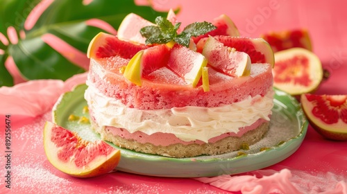 tropical guava and cream cake with guava slices on a bright coral background, vibrant and perfect for summery text