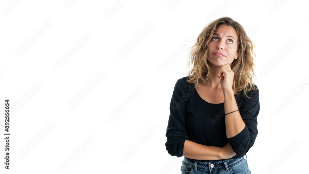 Woman thinking while looking up,doubtful and hesitant,isolated on white background,web banner. Woman thinking while looking up,doubtful and hesitant,isolated on white background,web banner.