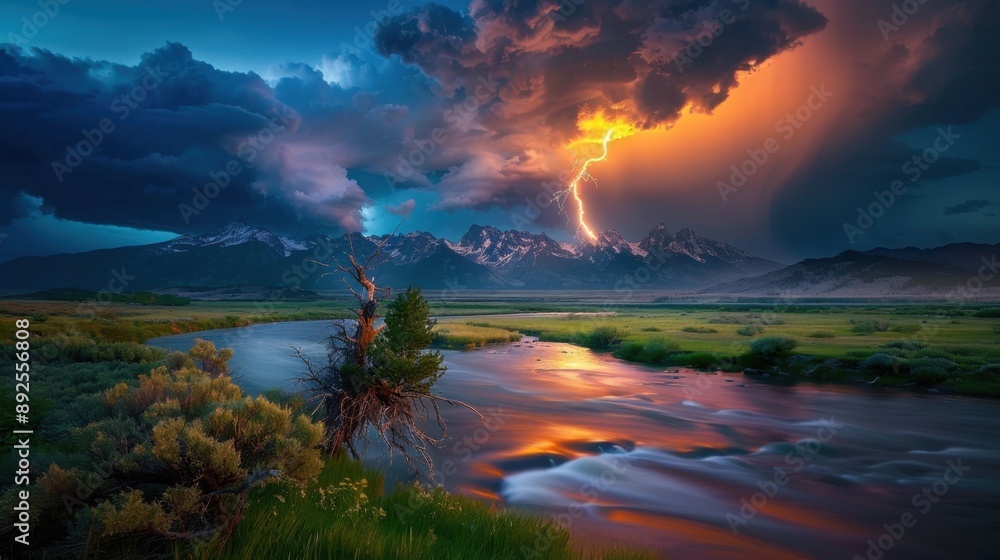 Thunderstorm in the mountains, dramatic skies and lightning, Thunderstorm in the mountains, dramatic skies and lightning,