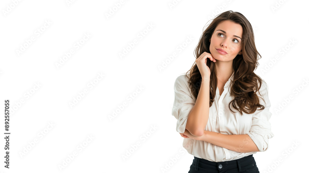 Woman thinking while looking up,doubtful and hesitant,isolated on white background,web banner. Woman thinking while looking up,doubtful and hesitant,isolated on white background,web banner.