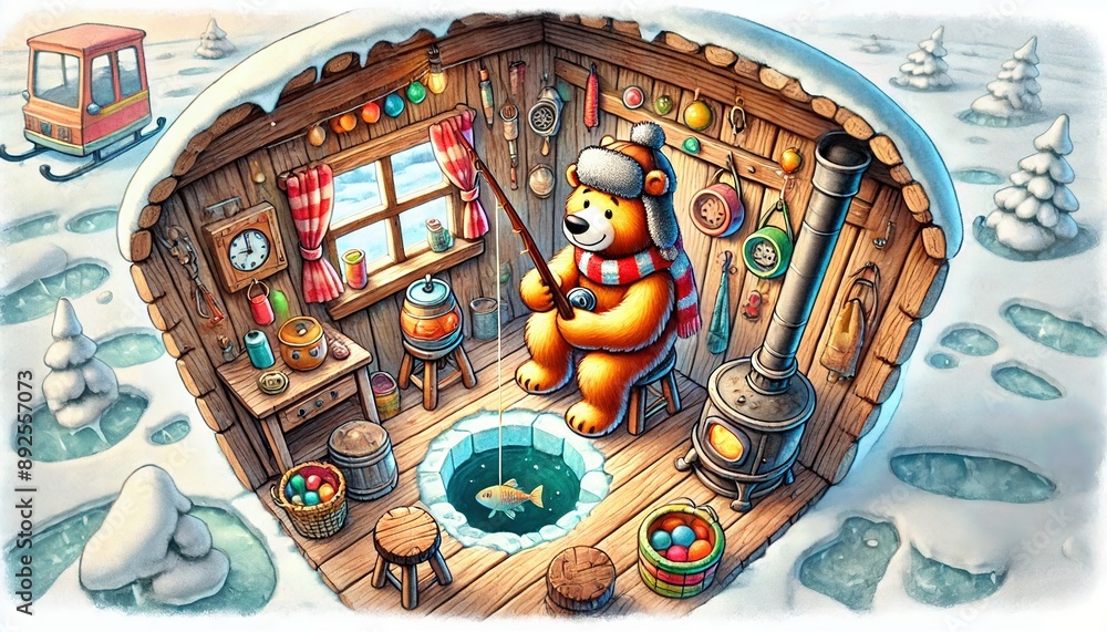 Fototapeta premium Cute Bear Ice Fishing