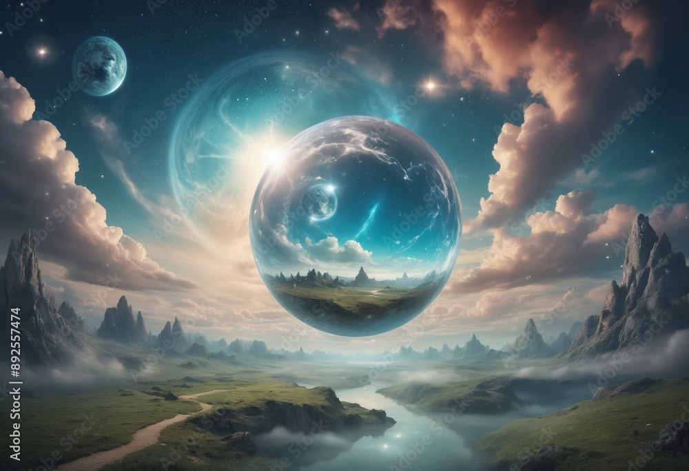Fantasy landscape with a sky sphere Fantasy landscape with a sky sphere