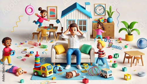 Father Surrounded by Playful Kids