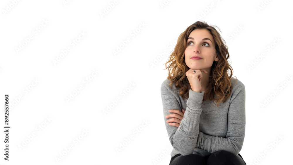 Woman thinking while looking up,doubtful and hesitant,isolated on white background,web banner. Woman thinking while looking up,doubtful and hesitant,isolated on white background,web banner.