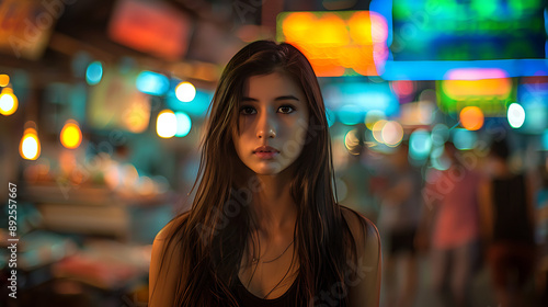 Portrait of Young Woman in Vibrant Night Market