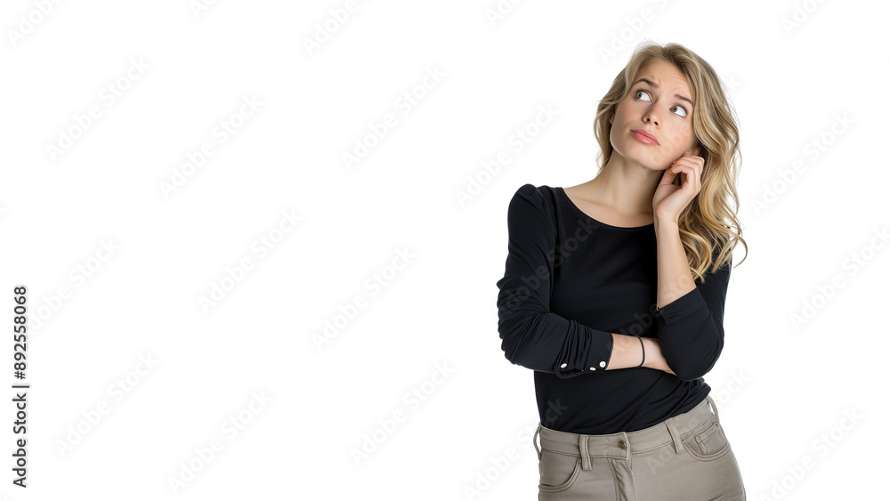 Woman thinking while looking up,doubtful and hesitant,isolated on white background,web banner. Woman thinking while looking up,doubtful and hesitant,isolated on white background,web banner.