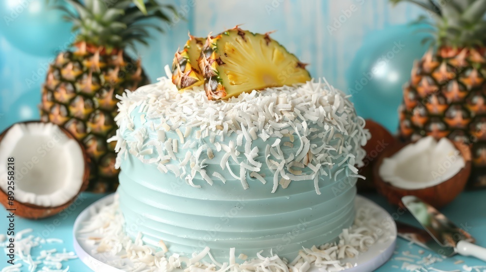 Fototapeta premium tropical pineapple and coconut cake with fresh pineapple and coconut flakes on a sky blue background, refreshing and perfect for beach-themed parties