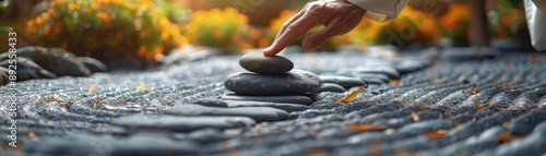 Person arranging pebbles in a Zen garden, highlighting the meditative and calming practice photo