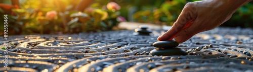 Person arranging pebbles in a Zen garden, highlighting the meditative and calming practice photo