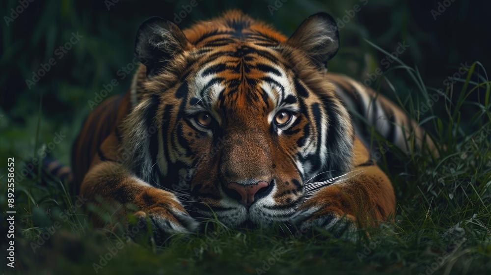 Fototapeta premium A lonely tiger lying in the grass, its eyes reflecting a sense of solitude.